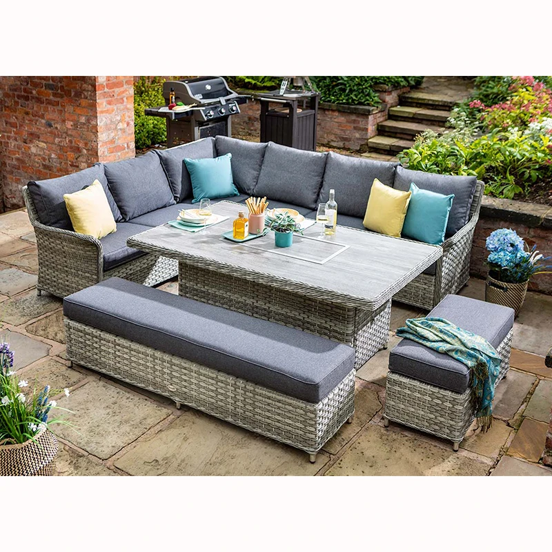 AJUNION Luxury Rattan Furniture Outdoor Dining Set Comfortable Grey Cushions Garden Furniture Sofa with Gas Fire Pit Table