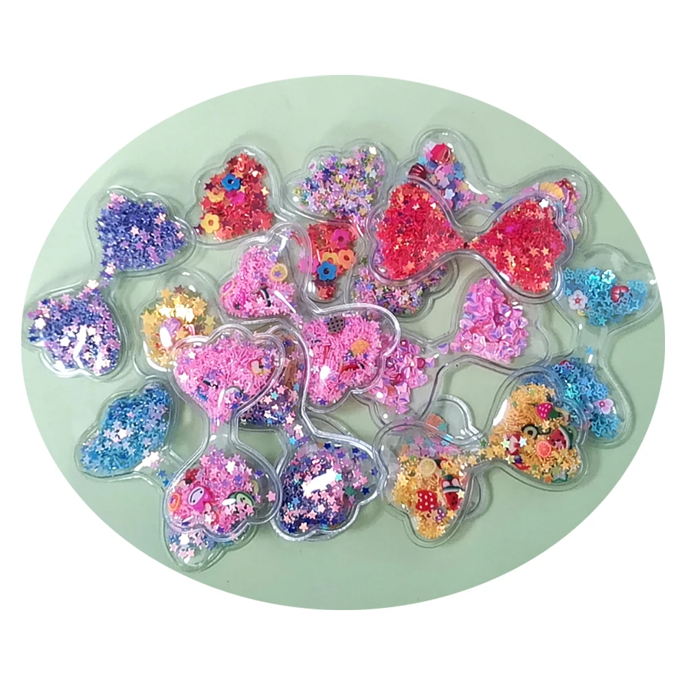 100pcs Soft Glitter Transparent Quicksand Star Crown Heart Flower Bowknot Hair Accessories DIY Hair Pins For Phone Case Decor