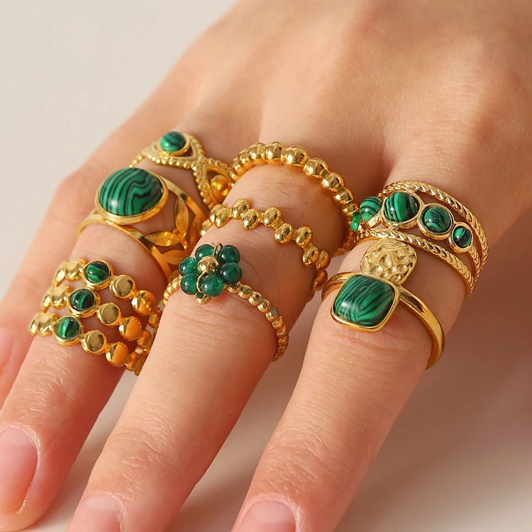 18k Gold Plated Snake Green Stone Cross Emerald Open Ring Stainless Steel Adjustable Rings