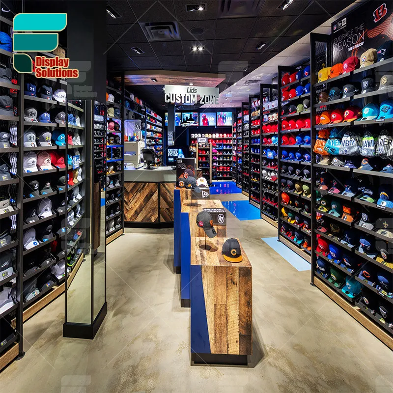 Exw Price Clothes And Hats Store Display Shelf Middle Wood Veneer Table Garment Shop Display Wall Mounted Hats Stand