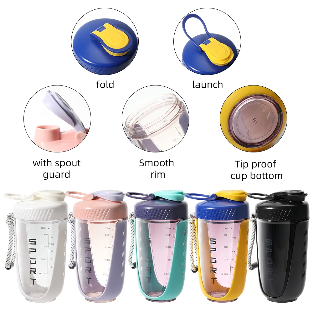 Custom Logo Sport Fitness GYM BPA Free 600ml Plastic Protein Shaker Bottle with Metal Mixer Ball Water bottle with Handle