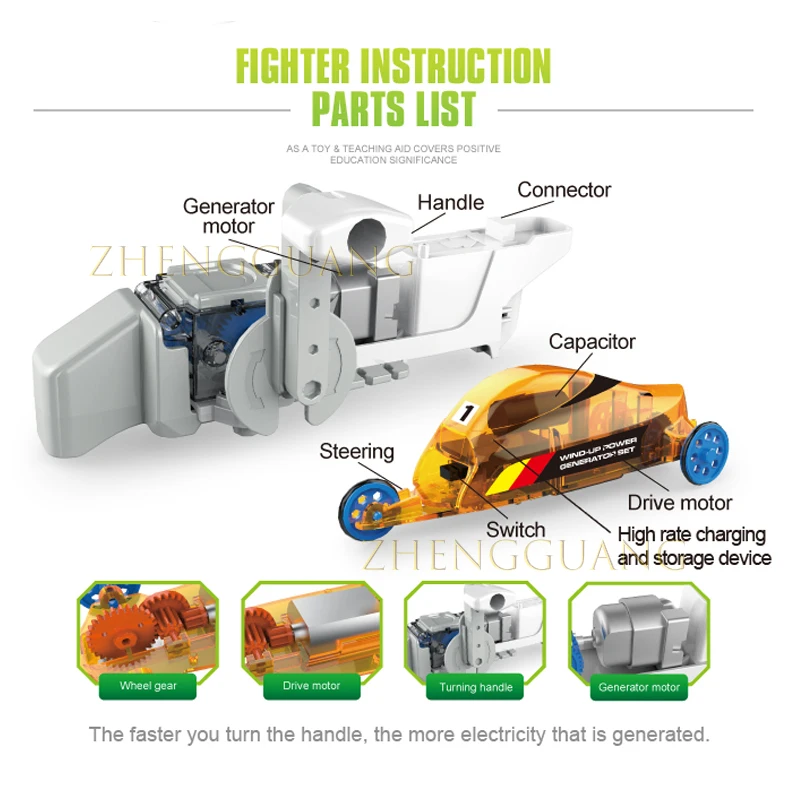 Zhengguang Kids Hand-Powered Power Generation Car Scientific Experimental Playing Time Wind up Toys