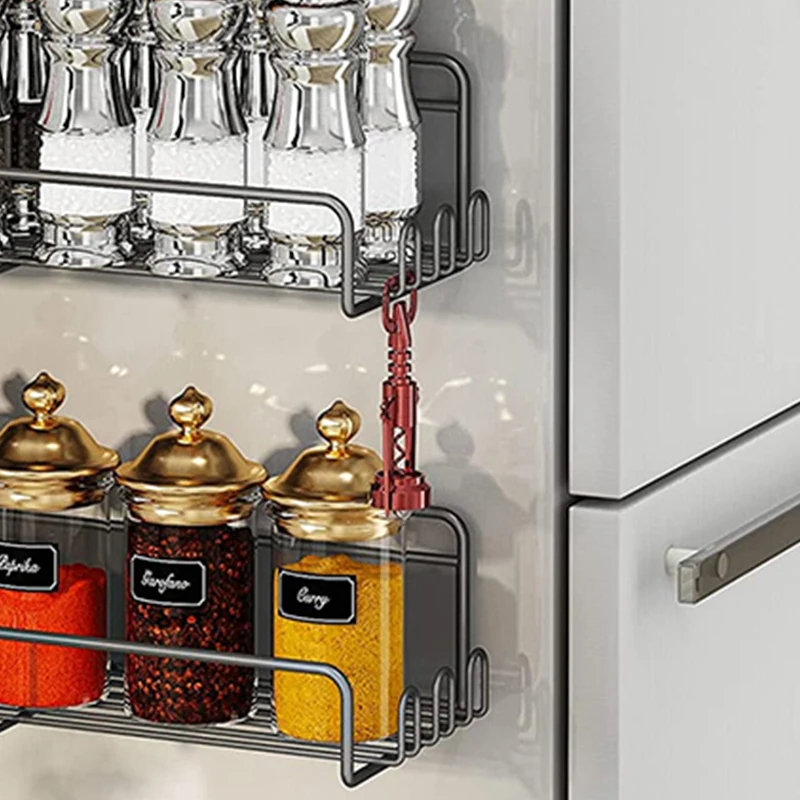 4 Pack Metal Fridge Shelf Magnetic Spice Jars Rack Seasoning Organizer for Cabinet Refrigerator Microwave Oven with 20 Hooks