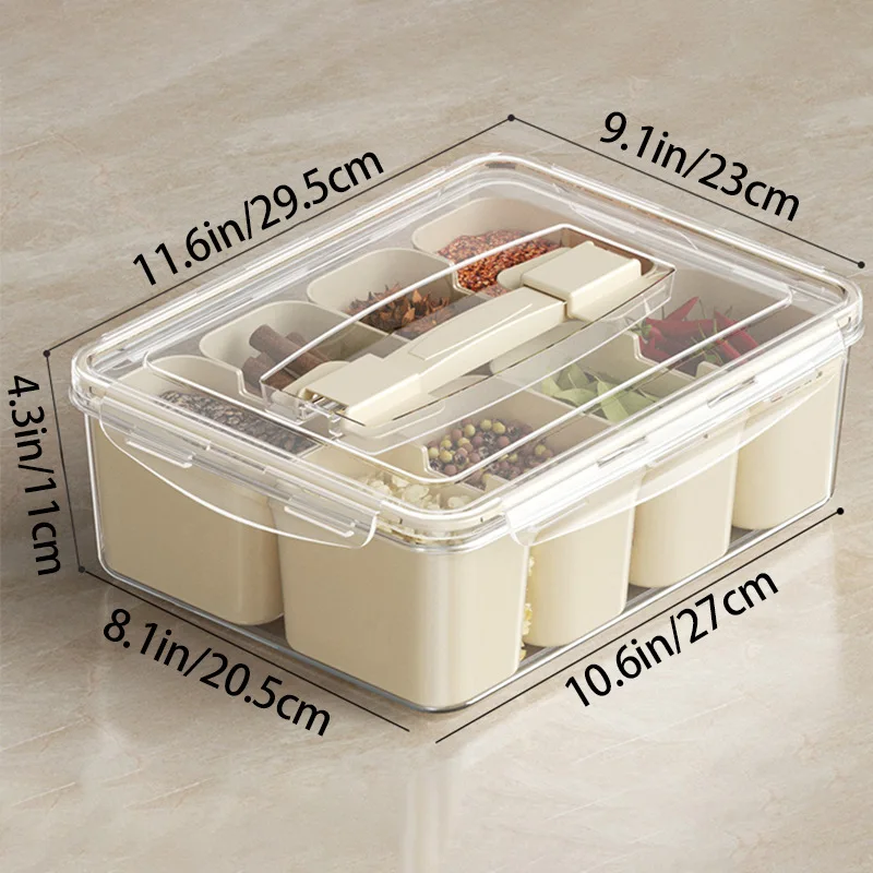 PP Plastic Dishwasher Safe 8 Dividers Serving Tray with Lid and Handle Portable Food Storage Organizer for Spices Fruit