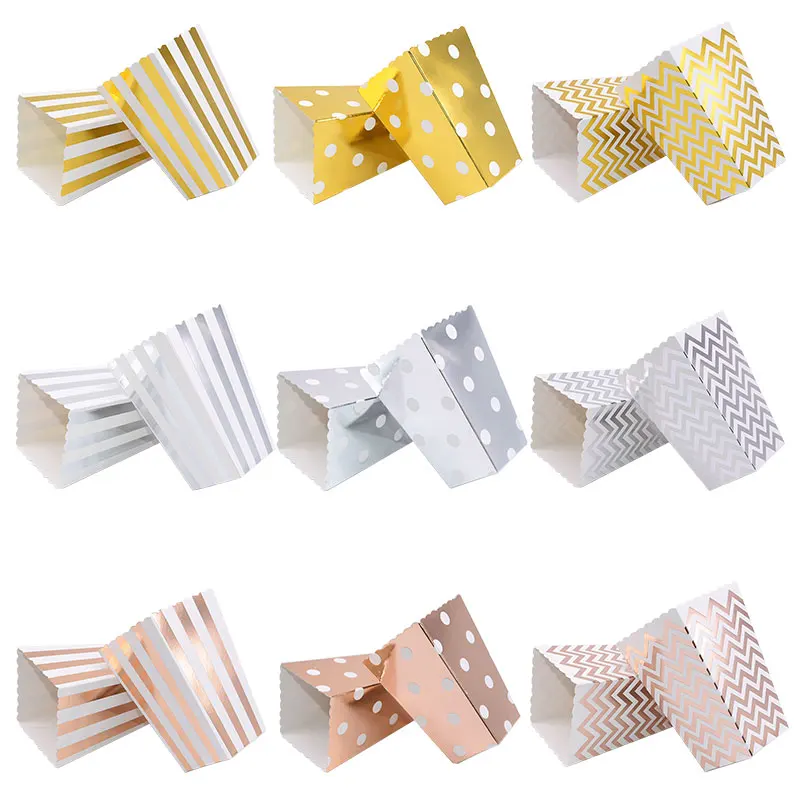 
Fashion Custom Printed Paper Popcorn Box Gold Silver Dot Wave Striped Paper Popcorn Corn-Candy Disposable Box 