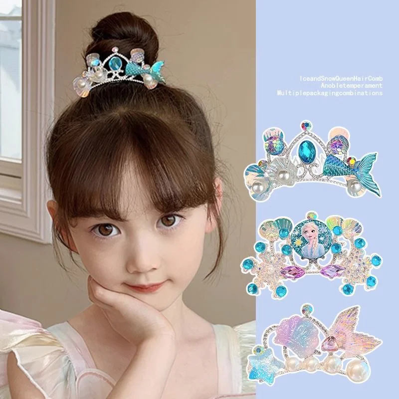 Wholesale Mermaid Kids Colorful Rhinestone Crown Hair Comb Little Girls Princess Hair Clips Headband Tiara Party Birthday Gift