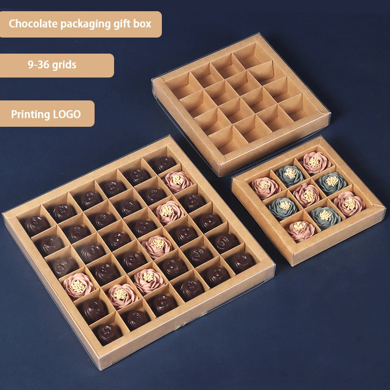 Custom Print Kraft Paper Square Chocolate Box With Transparent Lid And Compartment