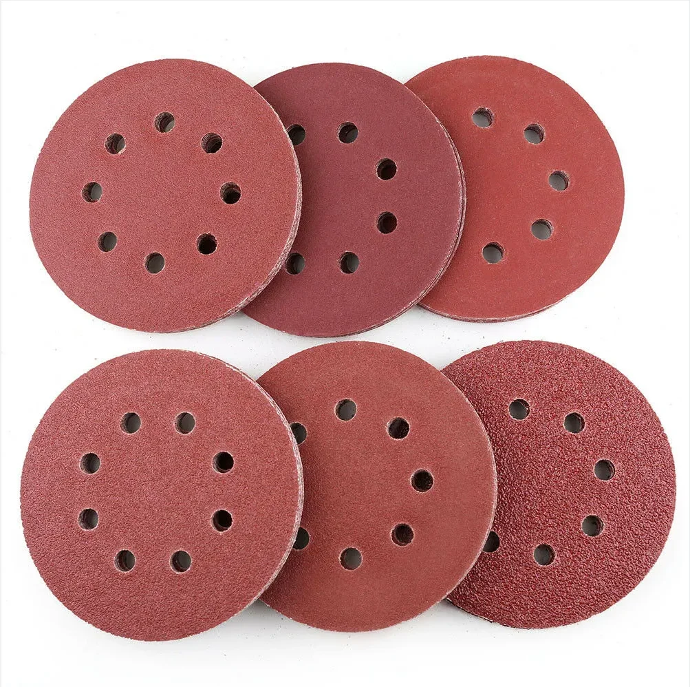 Hot sale 5 inches with 8 Holes red  alumina abrasive tools hook and loop sanding paper disc for metal