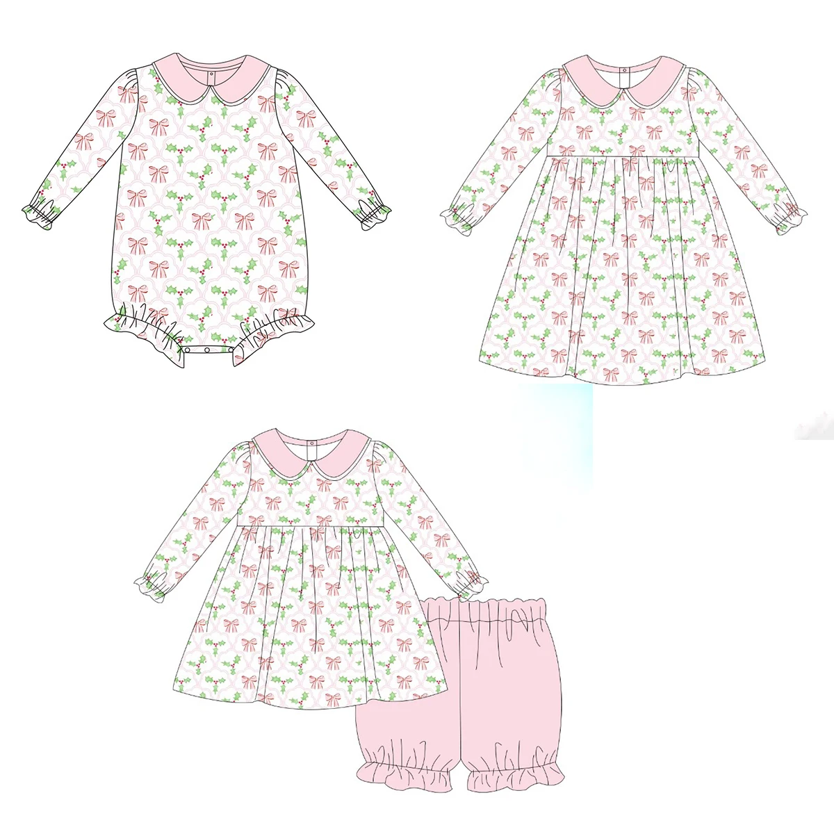Christmas Custom Baby Girl Outfit Winter Kids Wear Scalloped Christmas Holly Cute Baby Girls Clothing Sets