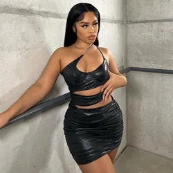 2022 New arrivals summer sexy dresses women ladies sleeveless PU leather cut out stacked mini dress