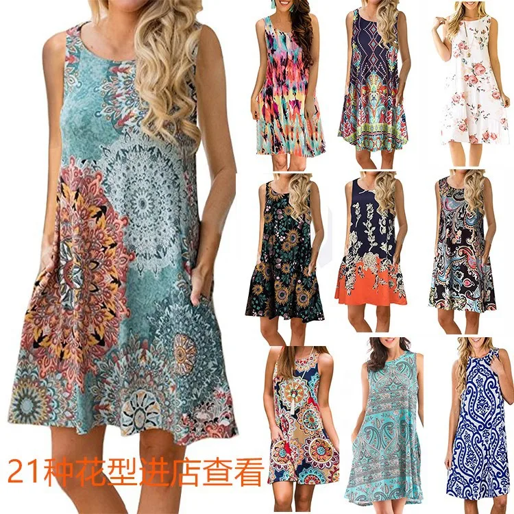Europe and the United States sleeveless pockets bottoming shirt T shirt printed dress casual short-sleeved dresses