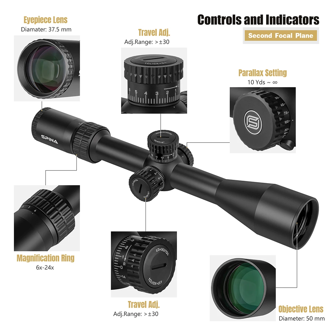 SPINA OPTICS 6-24x50 FFP Scope Tactical FMC OEM ODM Optics Scope for Hunting