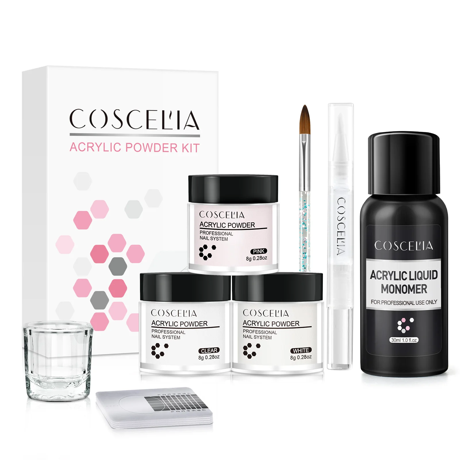 COSCELIA акриловый набор для ногтей жидкость для ногтей и порошок щетка для ногтей стеклянная чашка для наращивания