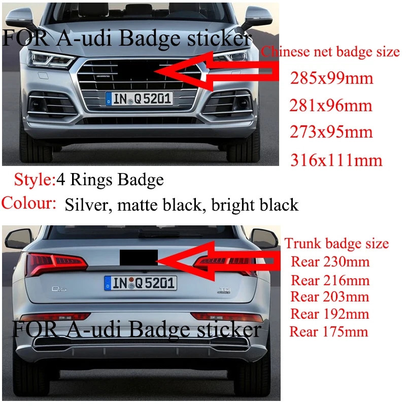 4 Ring 3D ABS Plastic Silver Black Grill Front Badge Emblem For Audi Q3 Q5 Q7 A4L A6L C7 B8