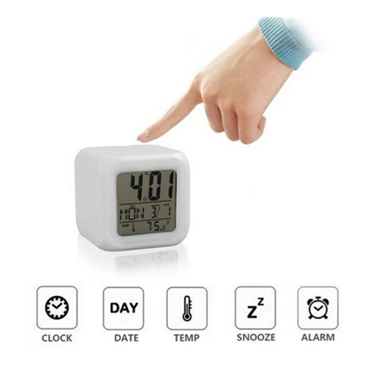 7 Colour LED Color Change Digital Table Alarm Clock Thermometer Date Time Night Light