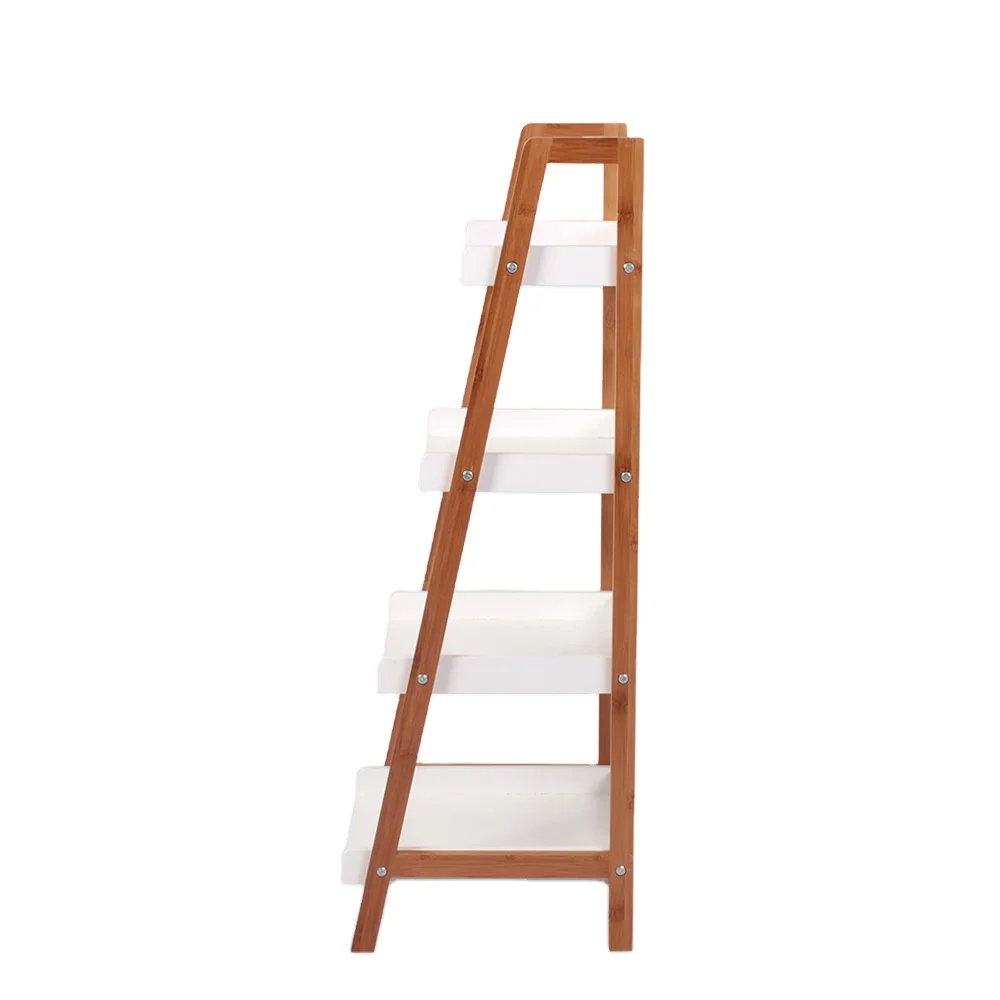 2021 customized ladder shaped multifunction bamboo rustic wood shelves