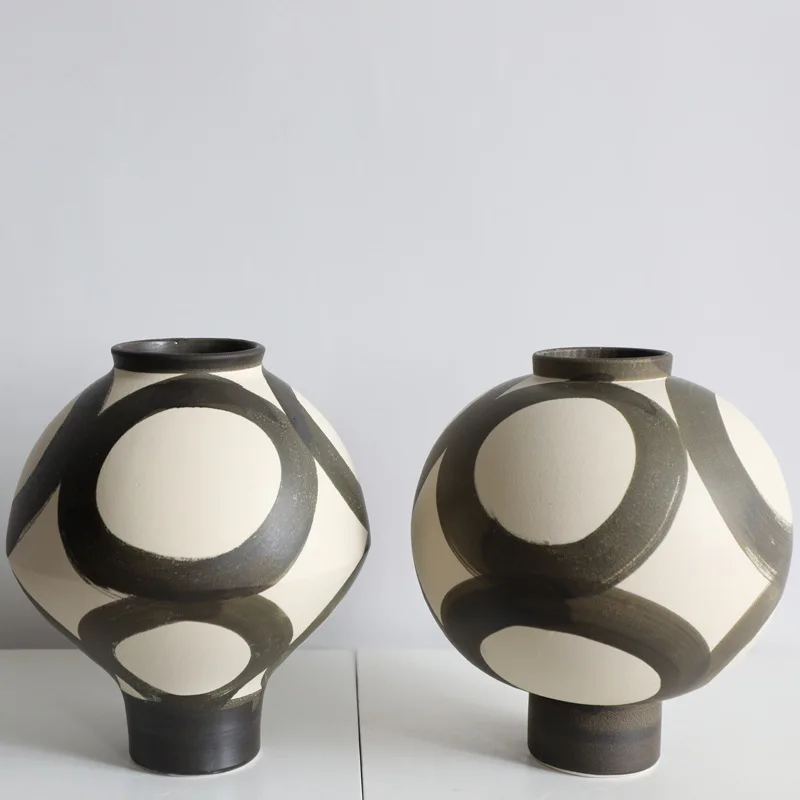 Handmade Modern and Antique Ceramic Vase Set of 2 Art Deco Flower Pattern Cylinder Glazed Porcelain Vases for Home Decor