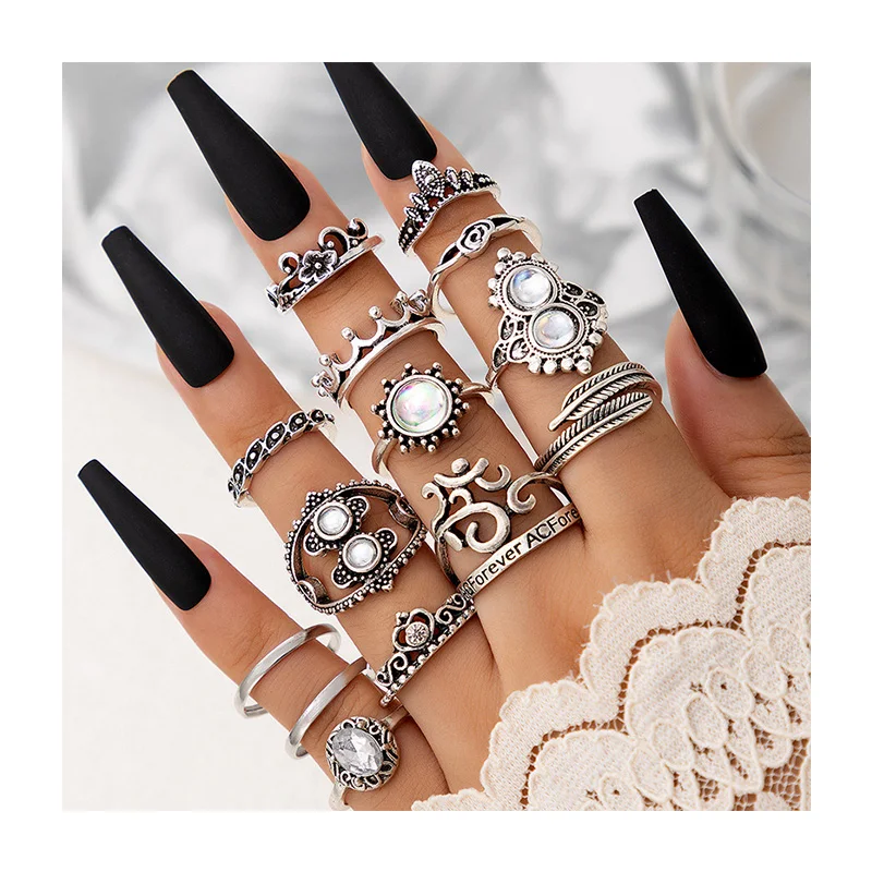 Vintage Leaf Gem Diamond Ring Set Geometric Flower Hollow Out Diamond Ring Jewelry Women