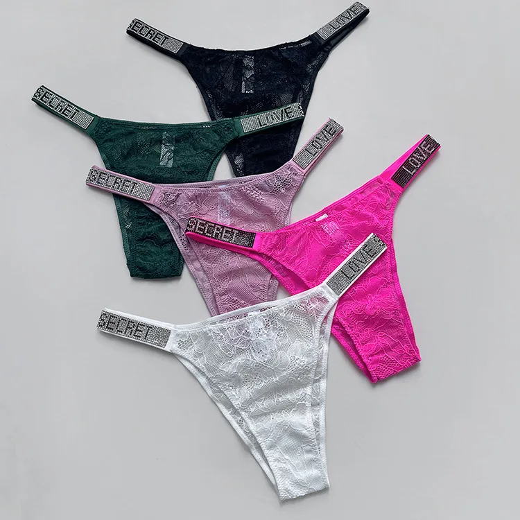 Wholesale Shiny Rhinestone Wish Lace T-Shaped Thong Ultra-thin Super Sexy Transparent Women Underwear