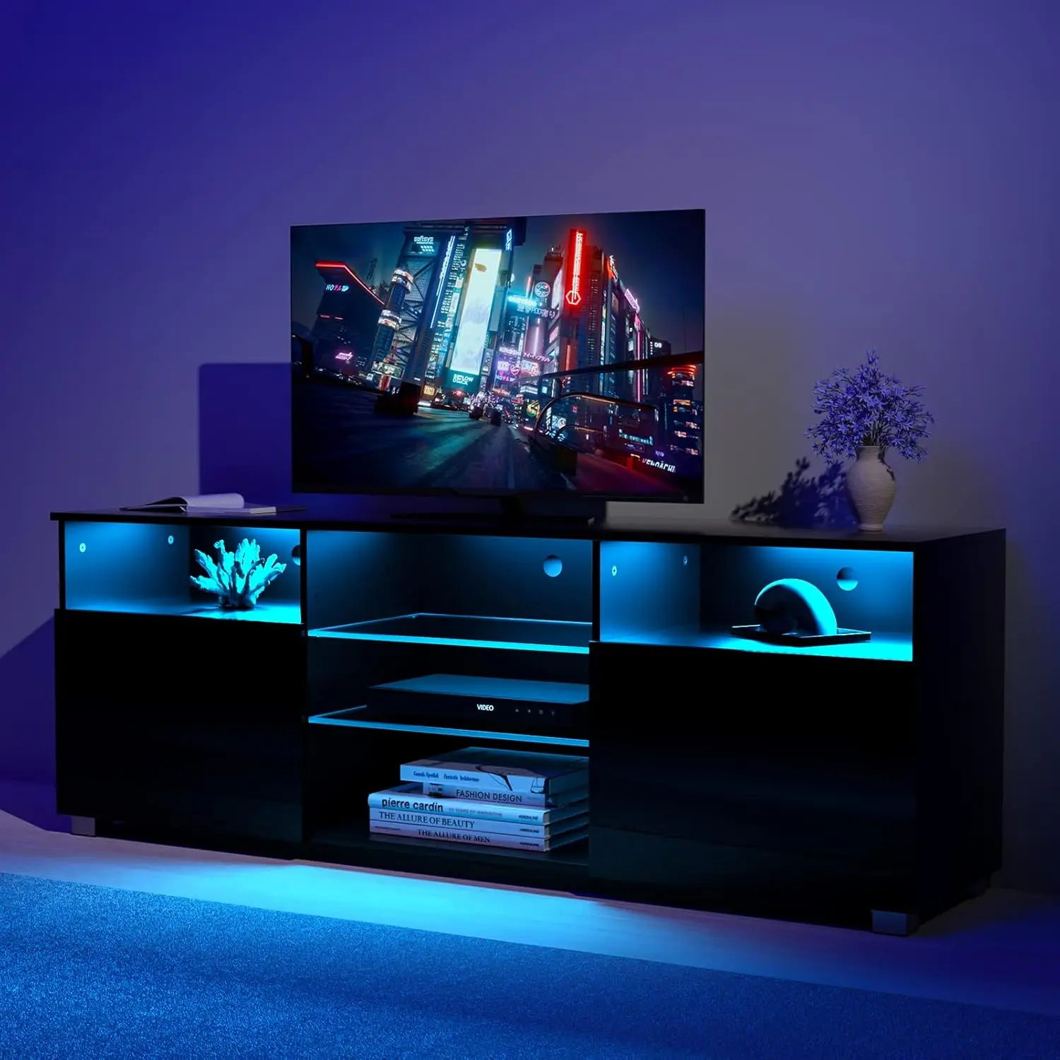 LED Stand for 65 inch TVs, Modern Stand with LED Lights  High Glossy Cabinets Console Entertainment Center with Storage Shelves
