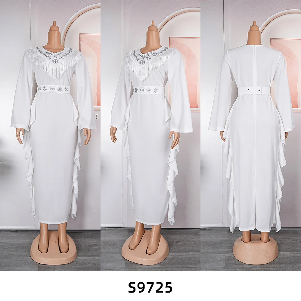 S9725 Latest Design Party Gowns For Women Evening Dresses Long Sleeve V Neck Tassel Embroidery Chiffon Dress With Belt