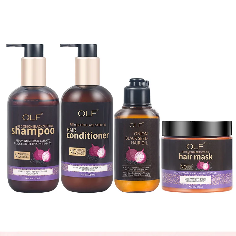 Small MOQ To Private Label Custom Logo With Your Brand Hair Care Sets 4 Steps Red Oinion Black Seed Oil