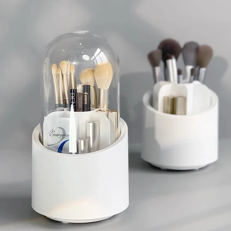 desktop cosmetic organizer container rotating makeup brush storage holder with clear lid