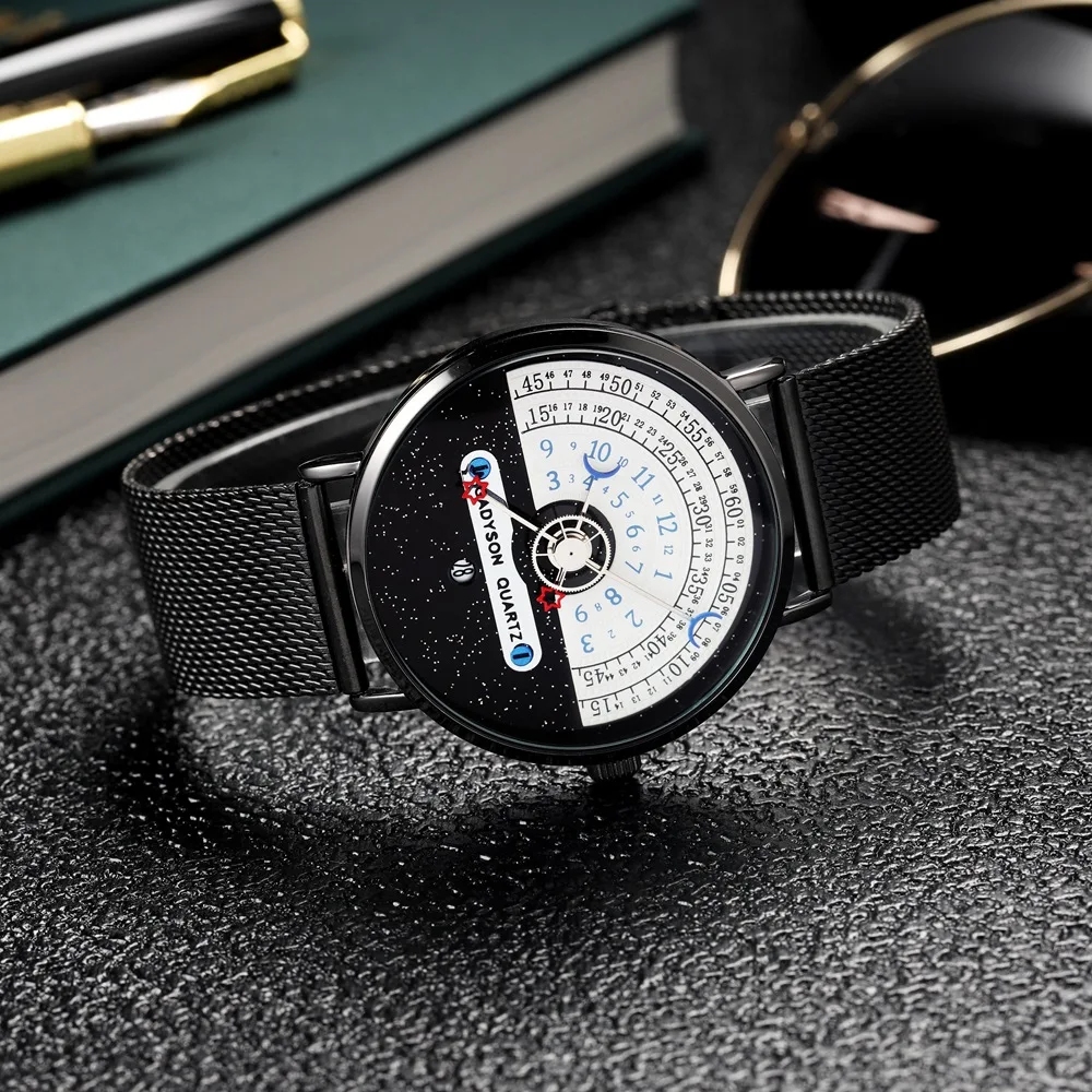 New Star and Moon Concept Black and White Men Quartz watch calendar half roulette time display Gold Date Mens Watches