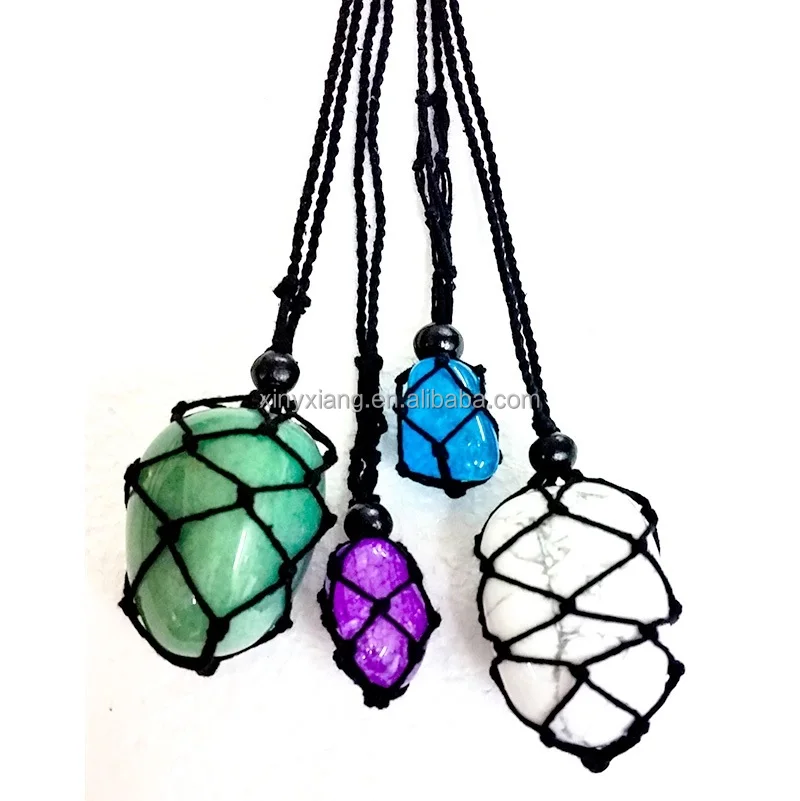 Factory Custom Adjustable Stone Pouch Macrame Necklace, Hand Knotted Stone Holder, Macrame Interchangeable Necklaces