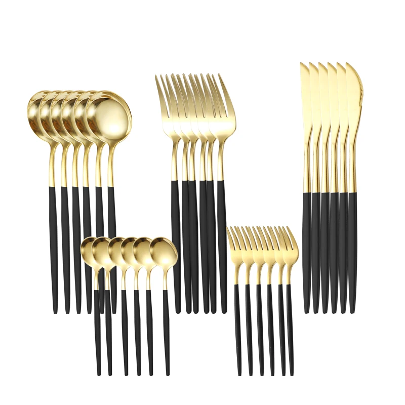 
Modern style 30 piece set luxury set royal tableware gold wedding serving spoon cutlery silver stainless steel 