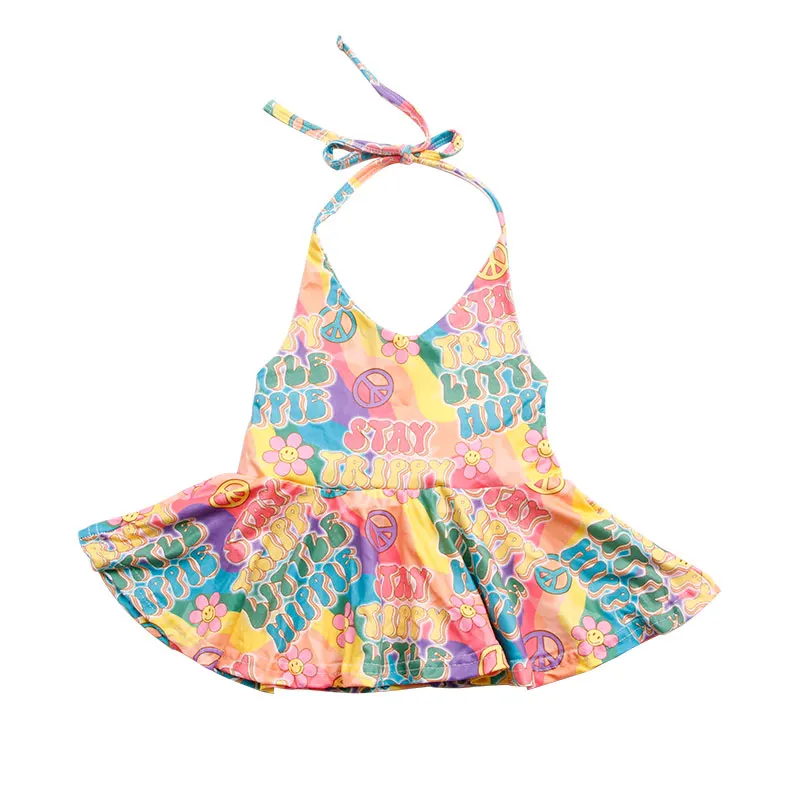 Wholesale boutique new style summer breathable fabric custom print sleeveless sweet baby girl clothes backless kids halter tops