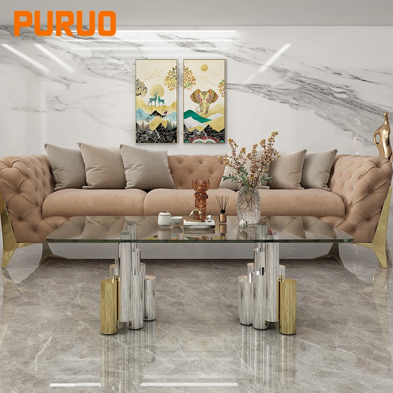 Home goods european style tempered glass top stainless steel metal coffee table legs for living design