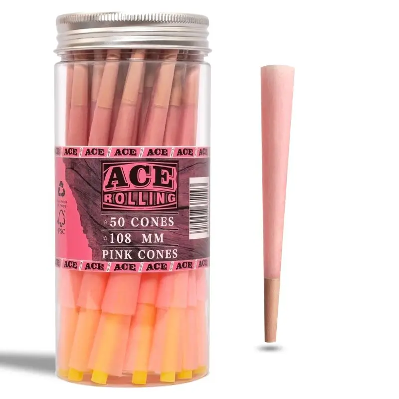 Oem Order Slow Burning 108Mm Rolling Paper Smoking Custom 100% Organic Arabic Gum Pink Hemp Pre Rolled Cone