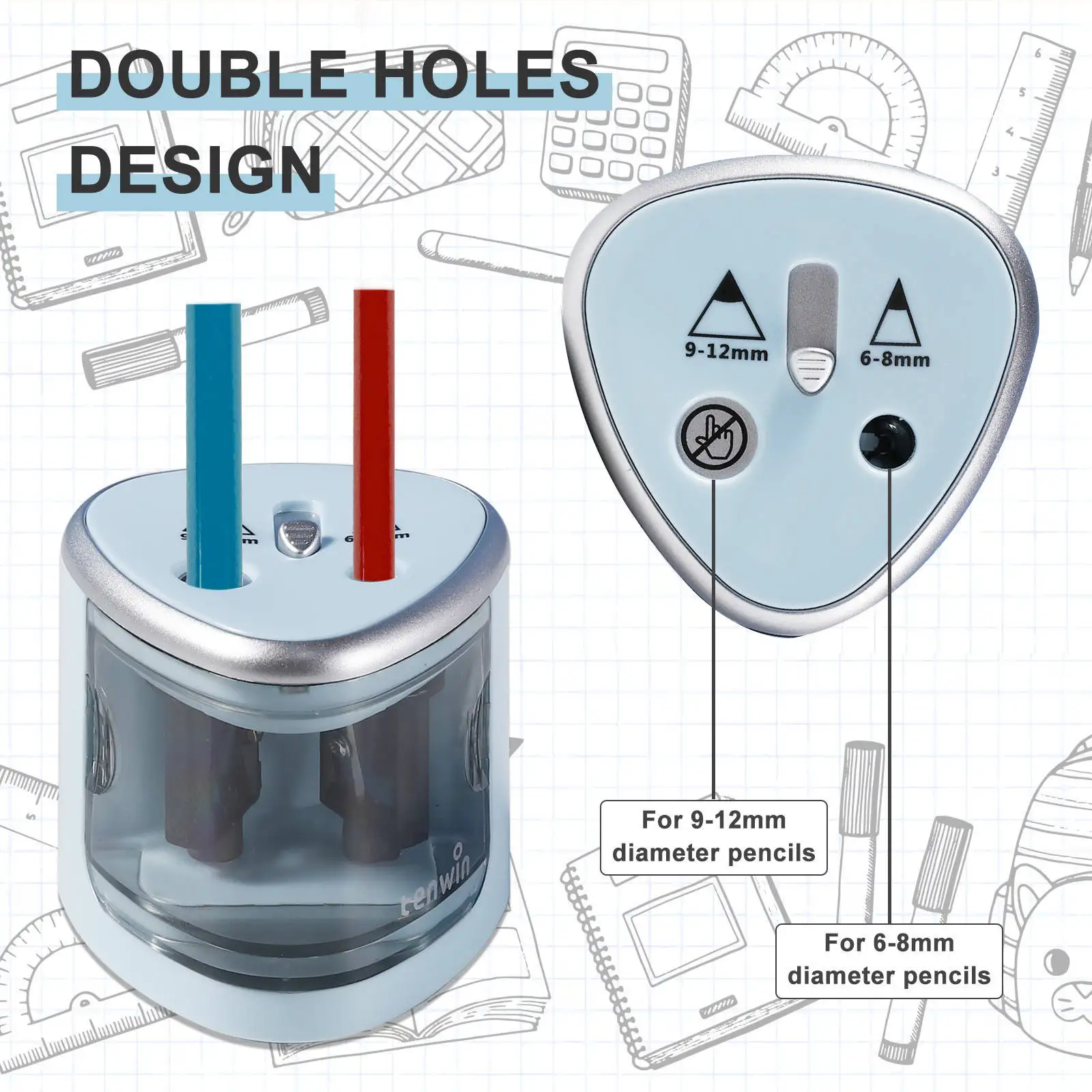 Hot Selling TENWIN Double Holes Electric  Battery Two Holes Electric Pencil Sharpener