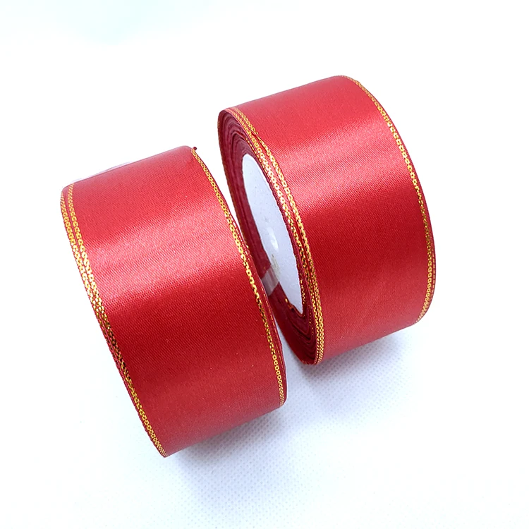 4cm Christmas Decoration Double Face Metallic Woven Gold Edged Polyester Satin Ribbon