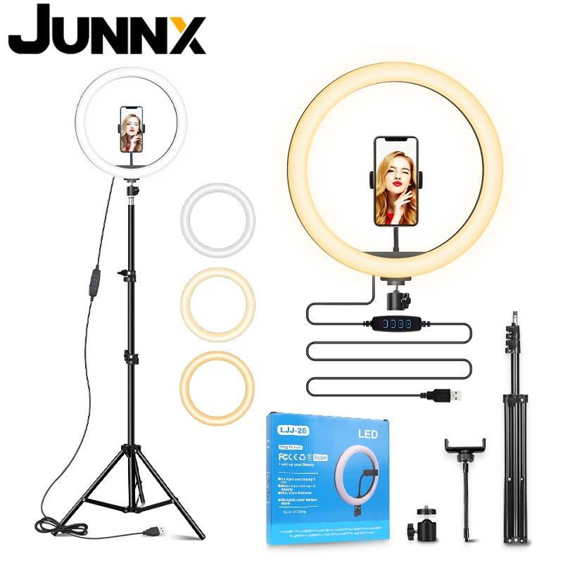 JUNNX Professional 14 inch Soft LED Video Photo Studio Ring Lamp Tripod Kit 14inches Selfie Ring Light with 3 Phone Holders