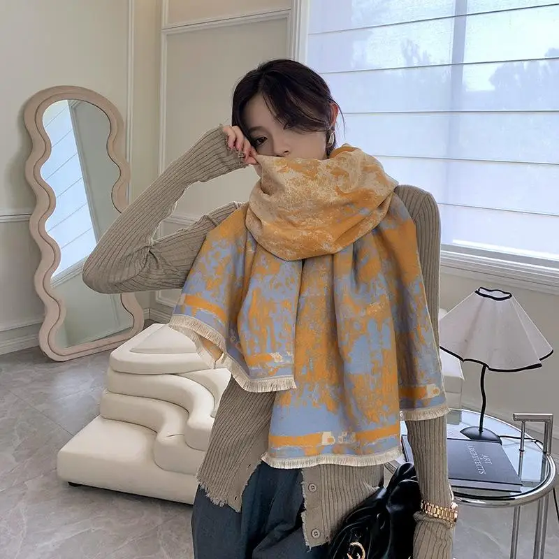 Autumn and winter Korean version of high painting style all warm shawl printed imitation cashmere floral scarf