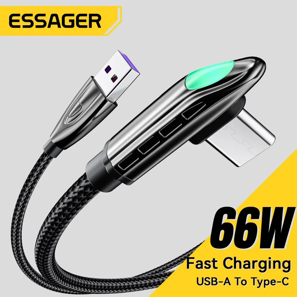 Essager 6A 66W USB Type C Cable For Huawei Mate 40 Pro Samsung LED 5A Fast Charging USB C USBC Charger 90 Degree Cable Data Cord