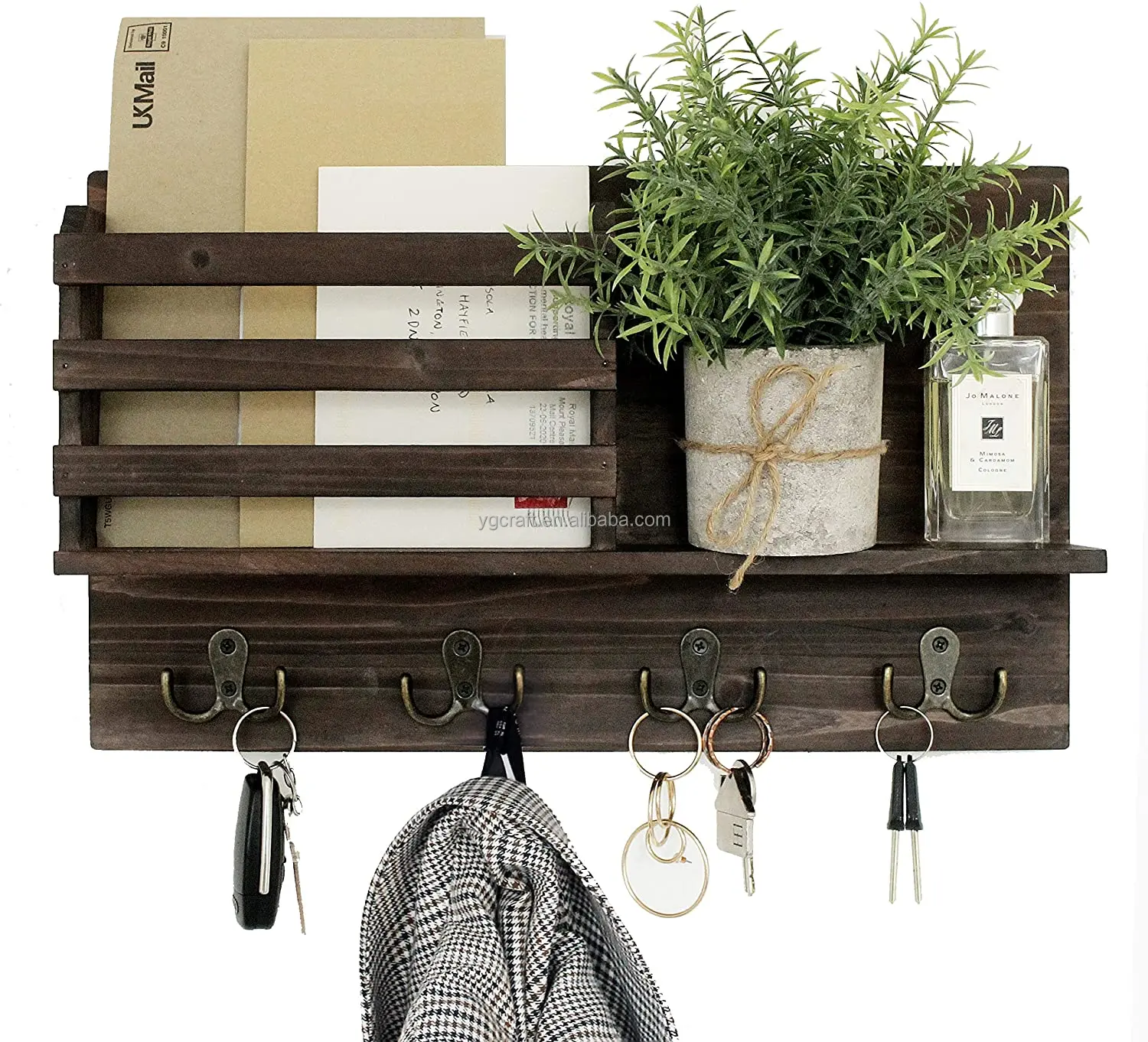 
Mail and Key Holder for Wall - Rustic Wooden Home Decor - Mail Organizer with 4 Metal Hooks for Hanging Keys 