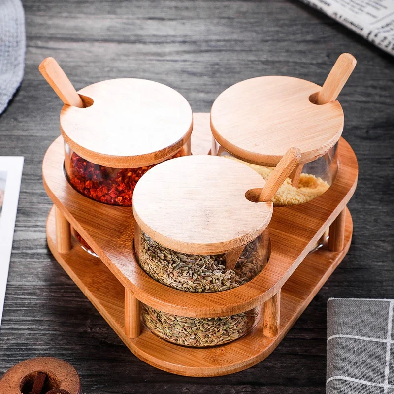 Bamboo Kitchen Utensils Creative Herb Spice Tools Glass Condiment Container Bamboo Lid Spoon Spice Jar Set