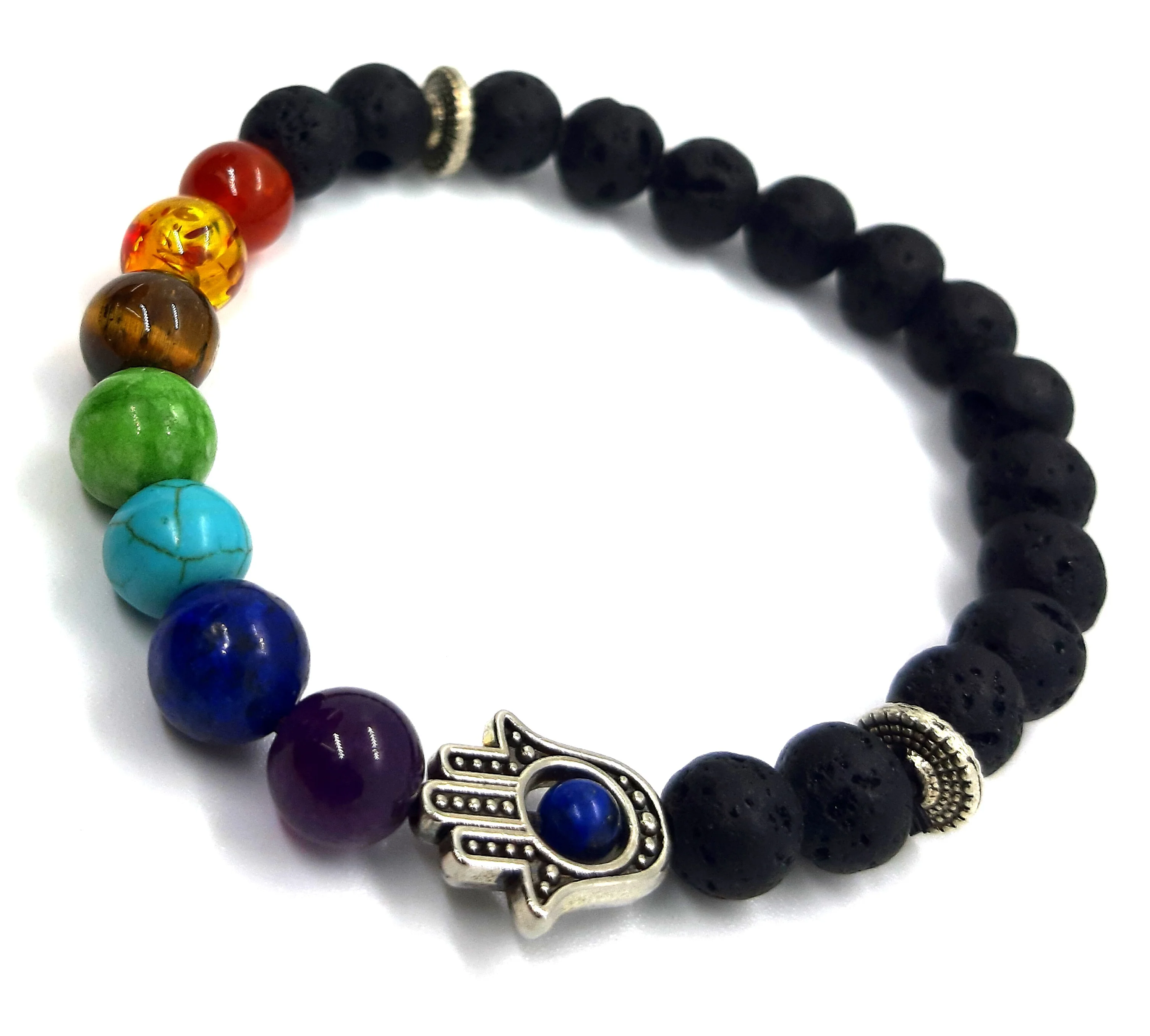 
Fashion 7 Chakra Bracelets Black Lava Stone Beads Bracelet 7 Chakra Healing Beads With Hamsa Charm, Beaded Bracelet For Sale 