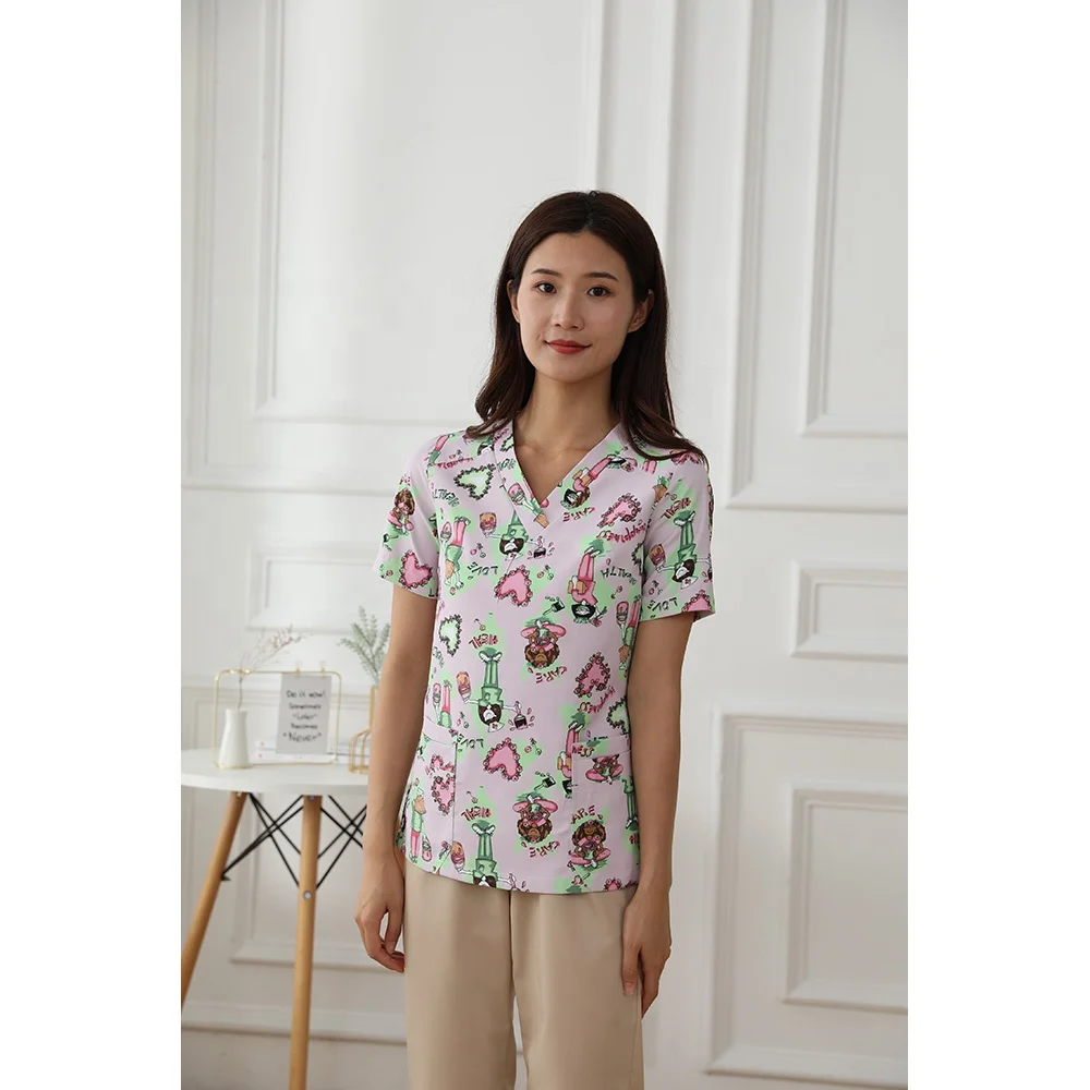 100% Cotton Women Printing Medical Scrub Suit Hospital Medical Scrubs Custom Doctor Uniforms Clinic Dentist Uniform with Logo