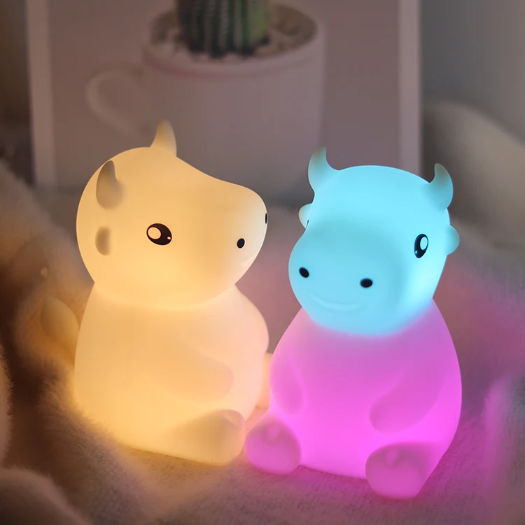 Popular Cute Animal Cow Silicone Night Light for kids Nursery Lamp with Timer USB Rechargeable baby led night light