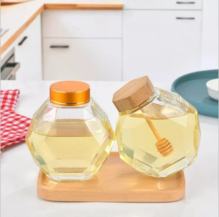 100 ml/220 ml/380 ml hexagonal heat resistant glass honey bottle jar with wooden mixing rod used for home kitchen