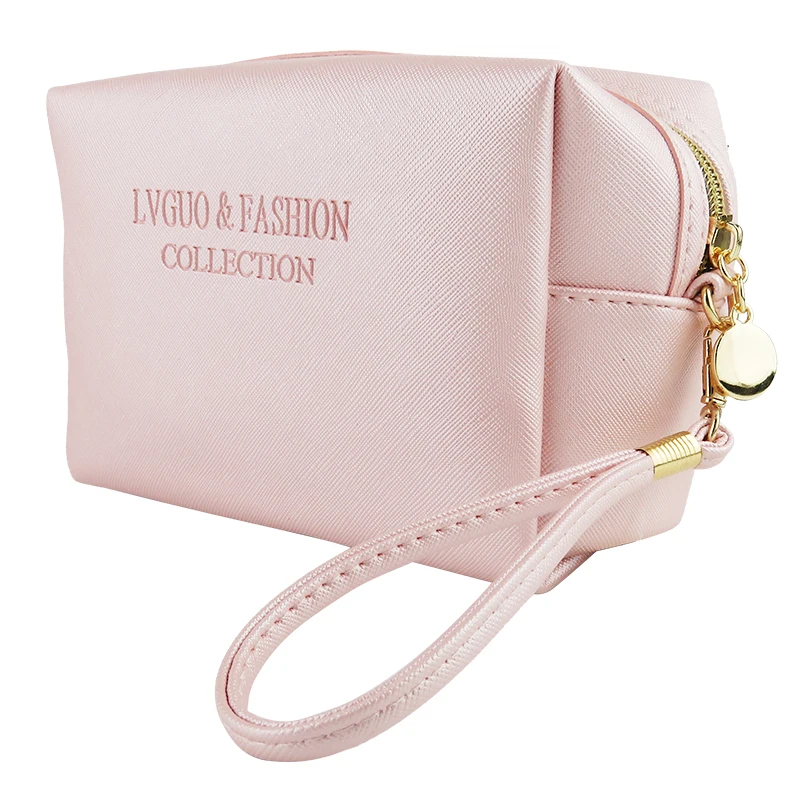 Low MOQ High Quality Portable Stylish Elegant Lady Pink Make Up Bag Cosmetic With Handle