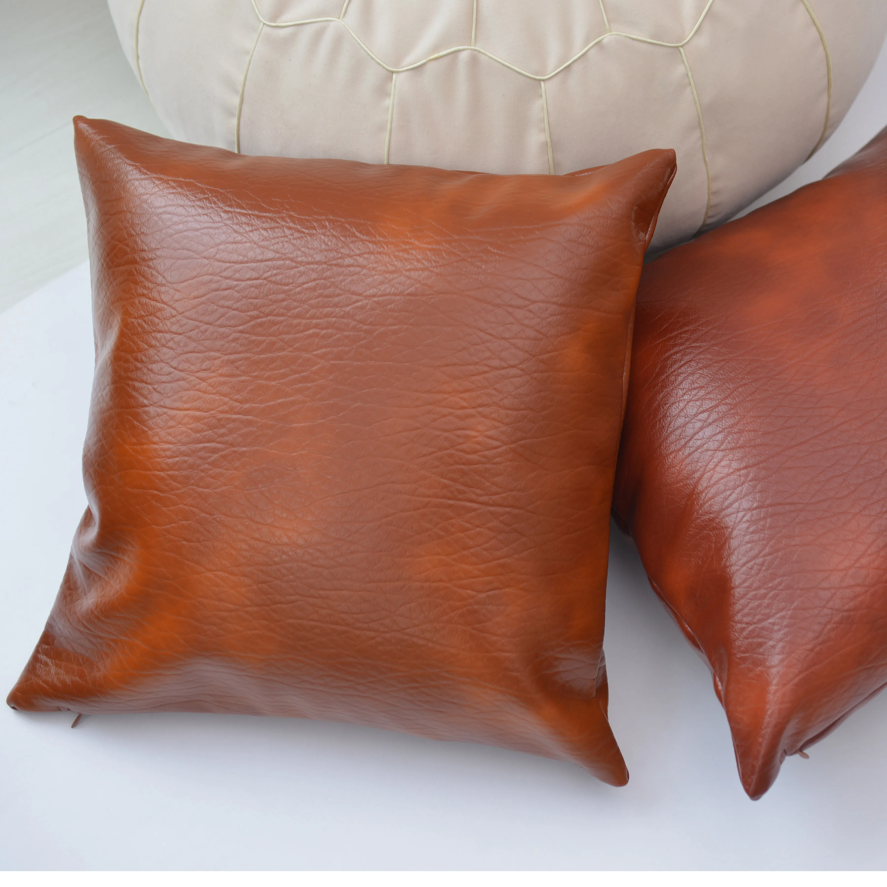 Faux Leather Throw Pillow Covers, 18 x 18 inch Set of 2  Brown Modern Decorative Square Cushion Cover