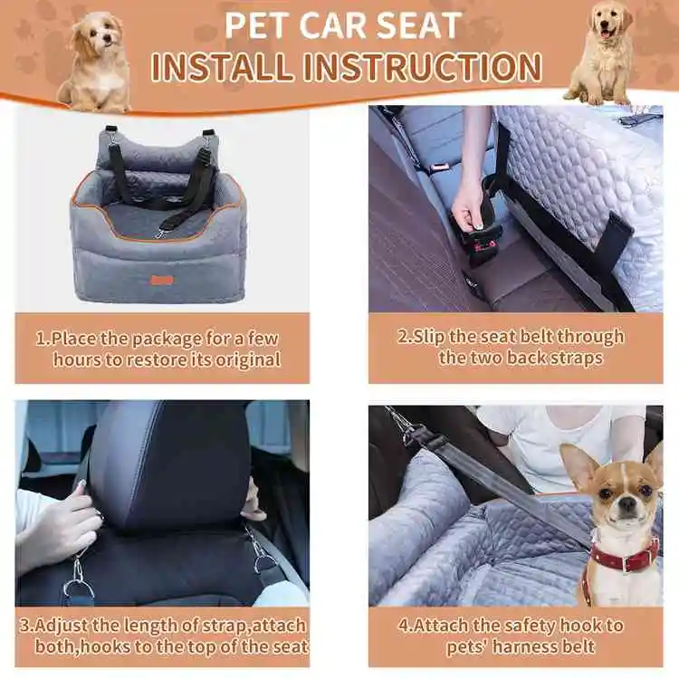 Gray Dog Car Seat Carry Bed Portable Pet Dog Waterproof Booster With Safety Leash