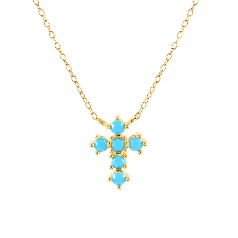 Fashion 925 sterling silver geometric cross shape turquoise colored zircon pendant gold plated necklaces for women