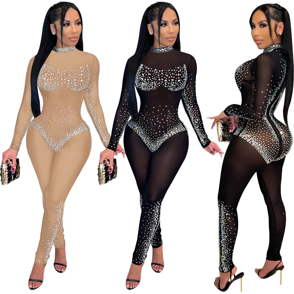 JL033 Fashion New arrival mesh perspective ironed drill long sleeve rompers Women sexy jumpsuit