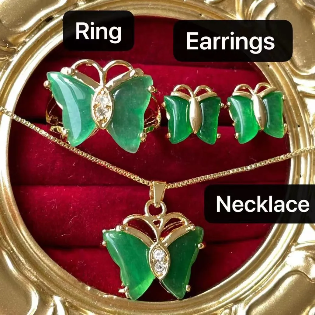 jialin jade jewelry set Wholesale women Charms series Natural Jade Stone butterfly ring butterfly necklace earrings